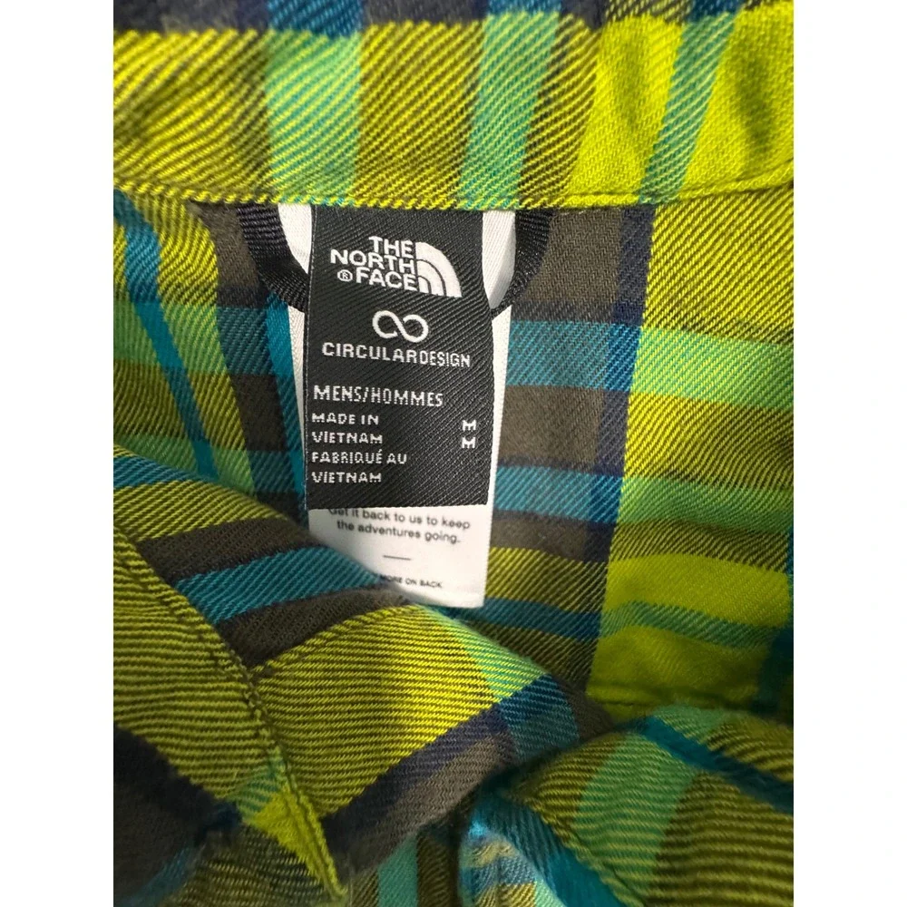The North Face Mens Circular Design Plaid Flannel Shirt Lime Green Teal Medium